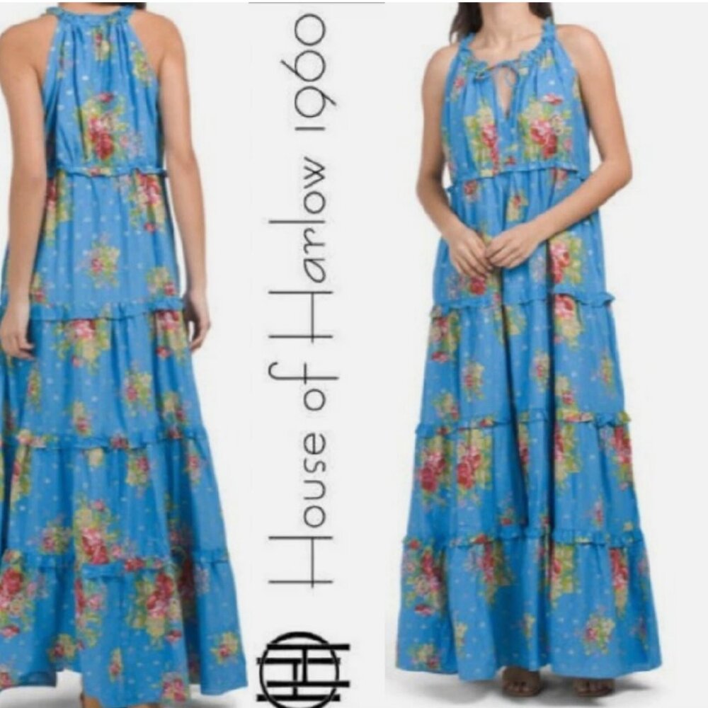 House of Harlow Floral Tiered Cotton Maxi Dress in Helena Blue Size S